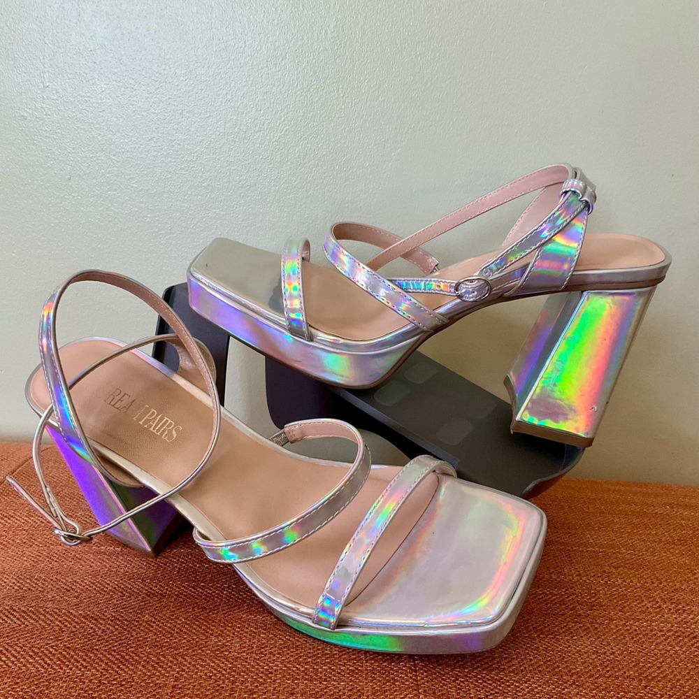 Dream Pairs Holographic Iridescent Platform Block Heel Sandals Silver 9.5 Chunky